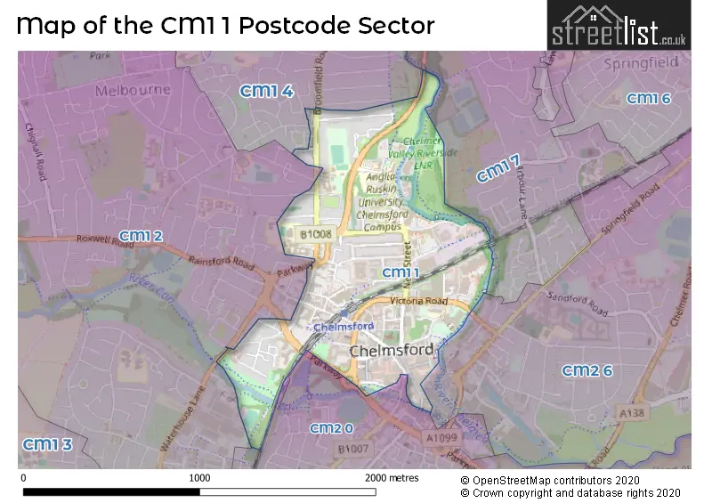Map of the CM1 1 and surrounding postcode sector