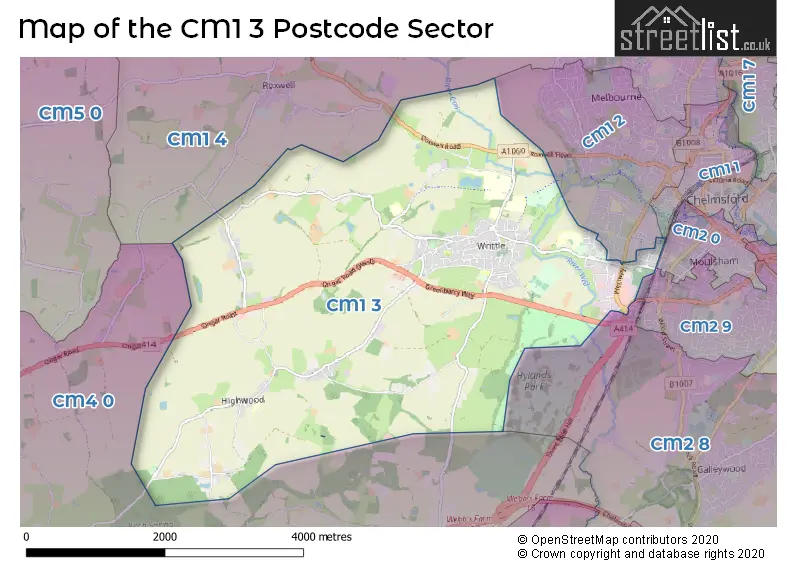 Map of the CM1 3 and surrounding postcode sector