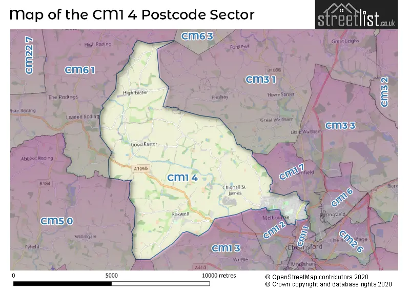 Map of the CM1 4 and surrounding postcode sector