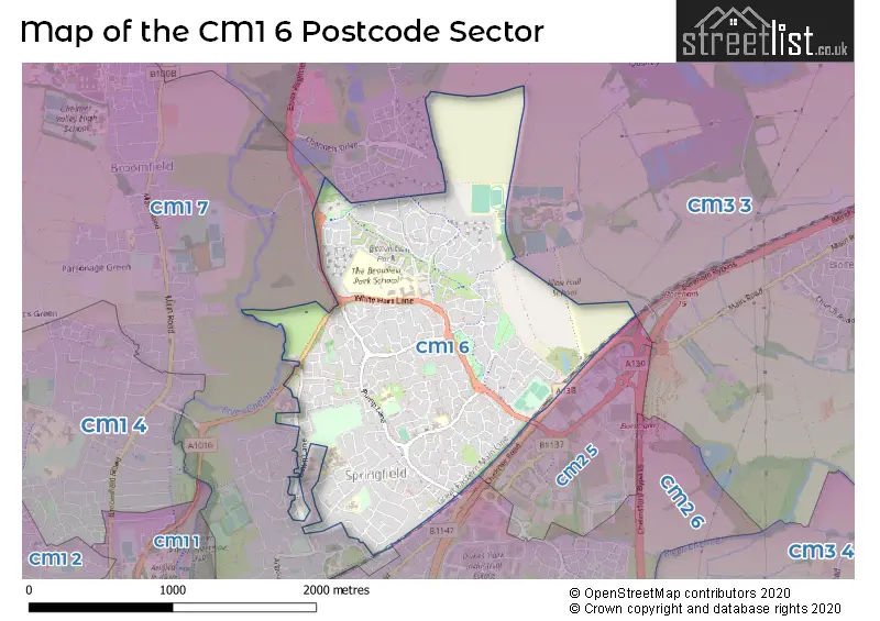 Map of the CM1 6 and surrounding postcode sector