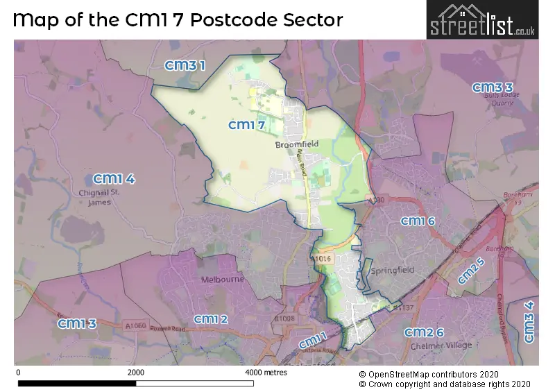 Map of the CM1 7 and surrounding postcode sector