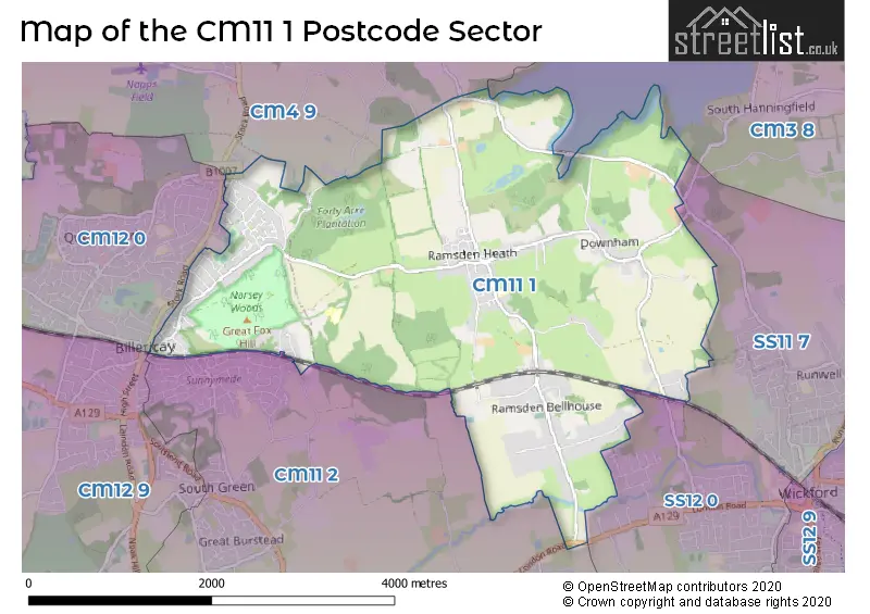 Map of the CM11 1 and surrounding postcode sector