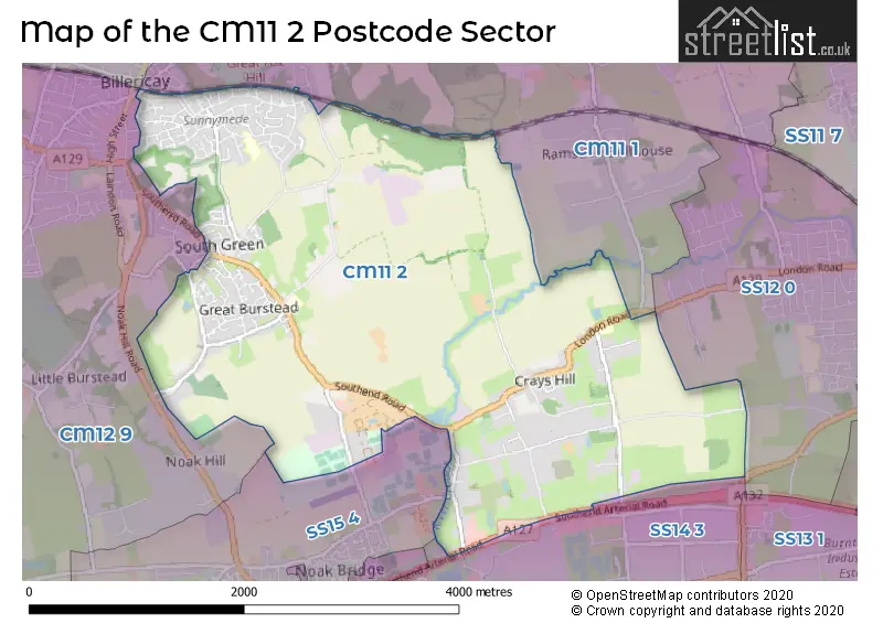 Map of the CM11 2 and surrounding postcode sector