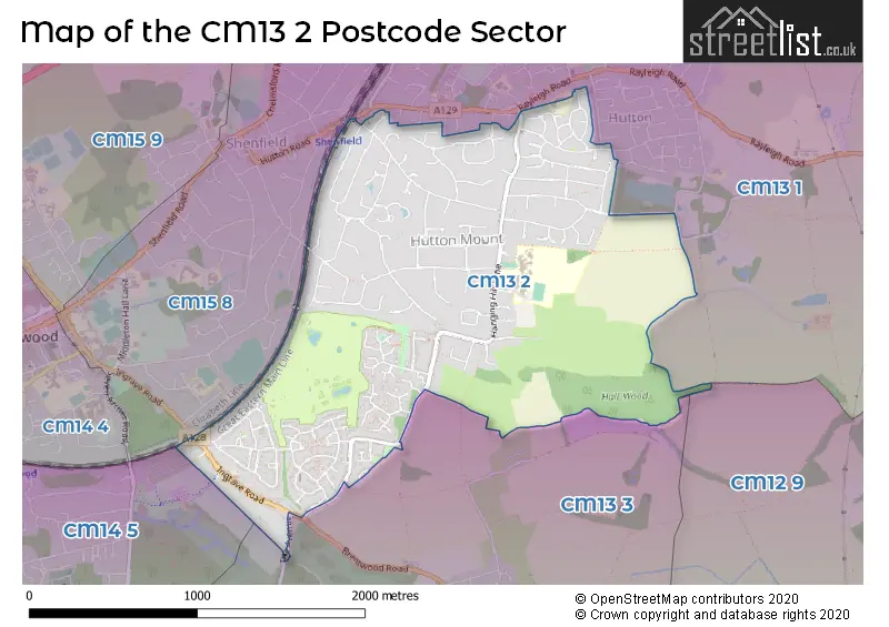Map of the CM13 2 and surrounding postcode sector