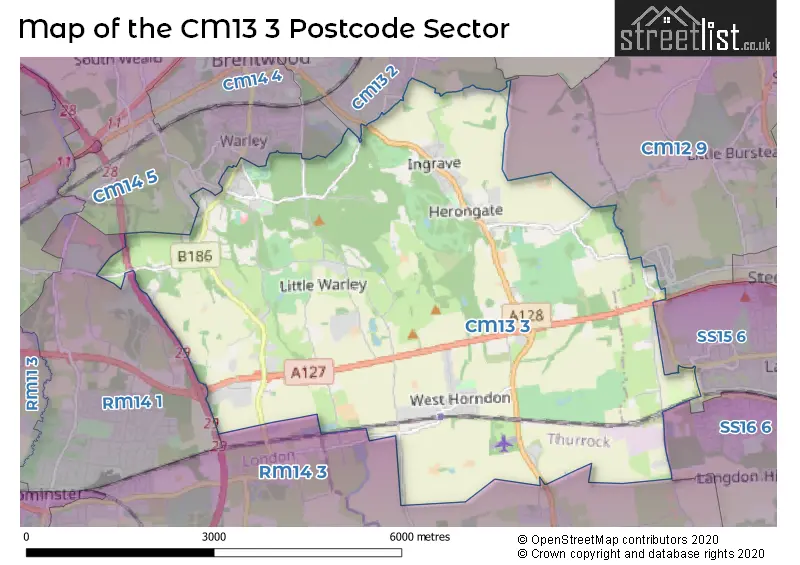 Map of the CM13 3 and surrounding postcode sector