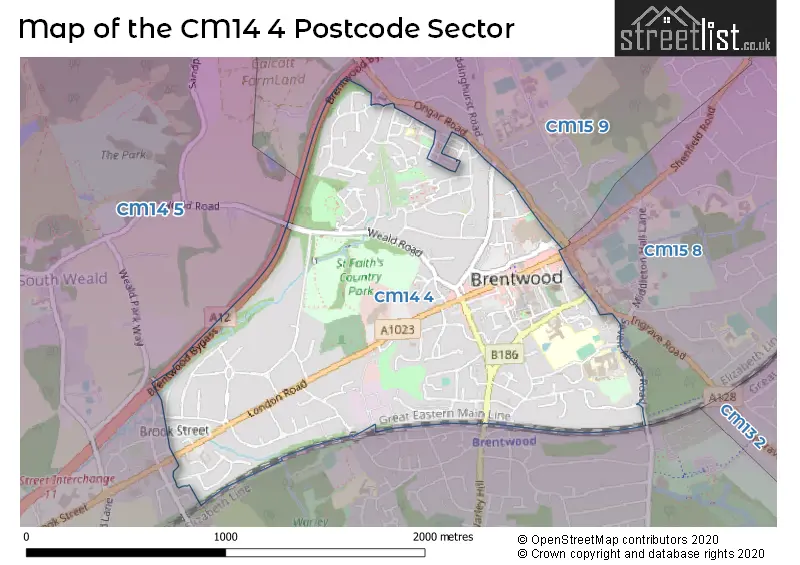 Map of the CM14 4 and surrounding postcode sector