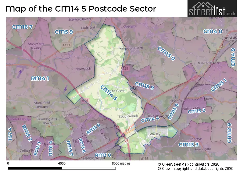 Map of the CM14 5 and surrounding postcode sector