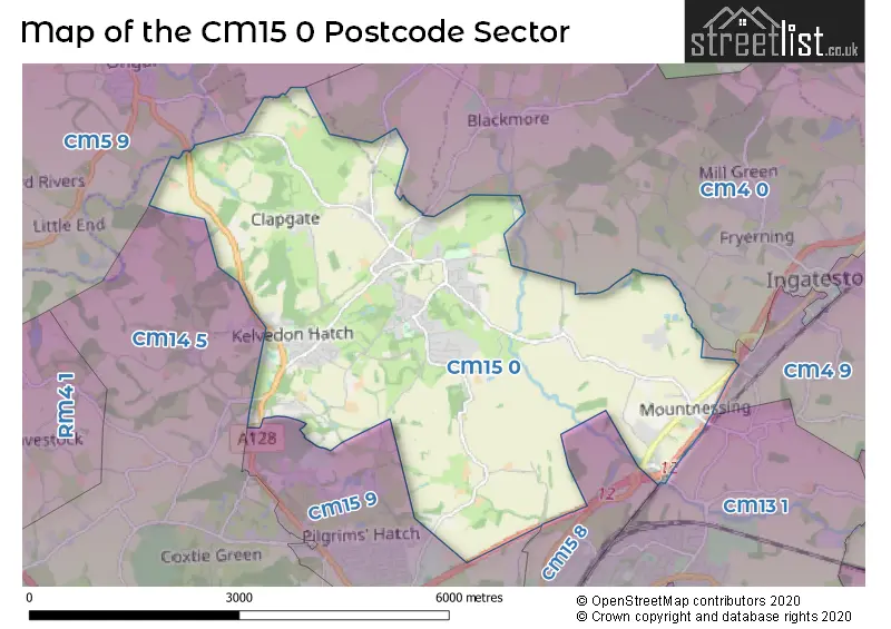 Map of the CM15 0 and surrounding postcode sector