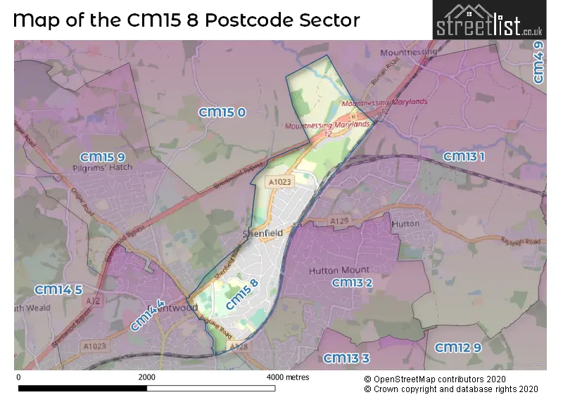 Map of the CM15 8 and surrounding postcode sector