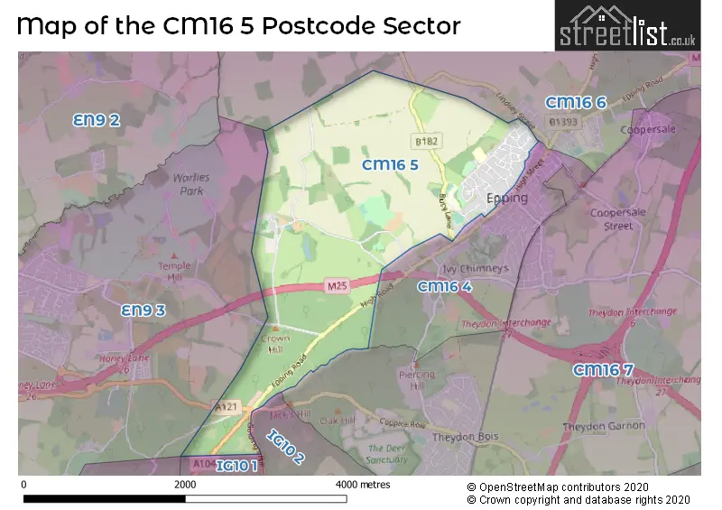 Map of the CM16 5 and surrounding postcode sector