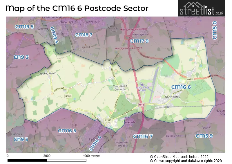 Map of the CM16 6 and surrounding postcode sector