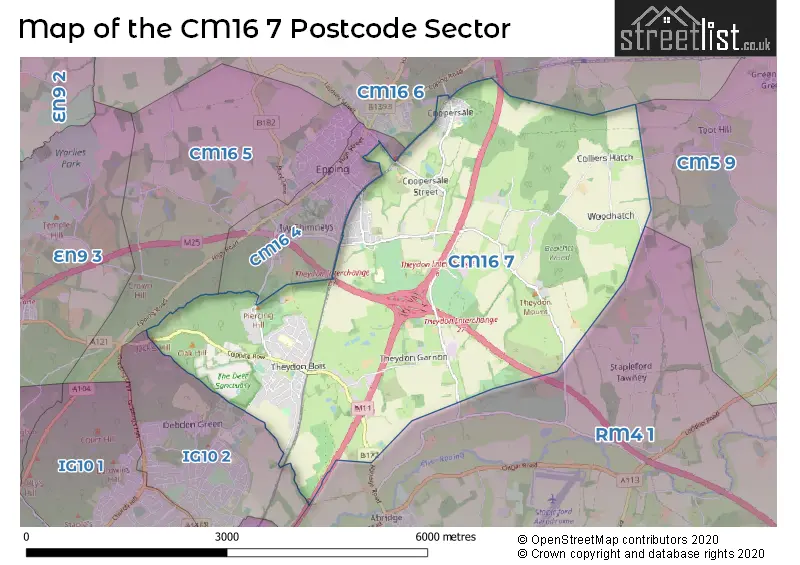 Map of the CM16 7 and surrounding postcode sector