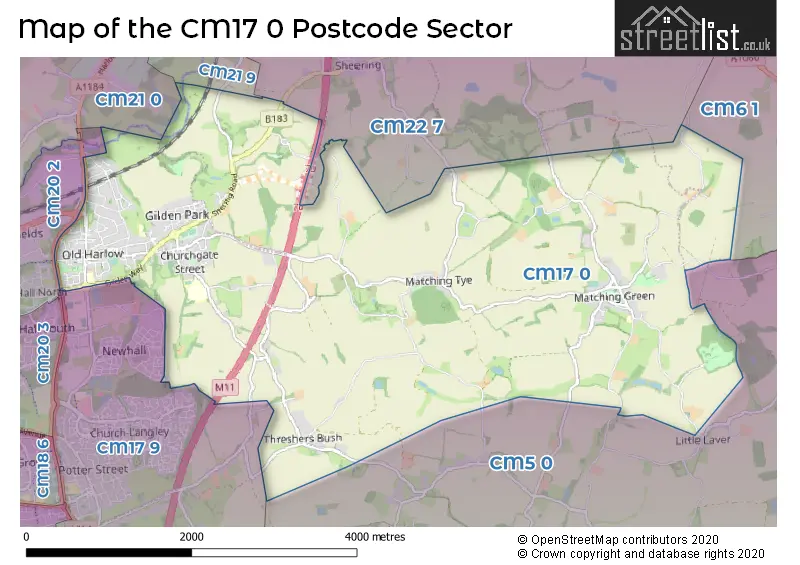Map of the CM17 0 and surrounding postcode sector