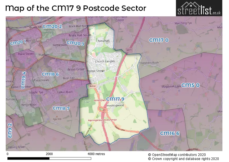 Map of the CM17 9 and surrounding postcode sector