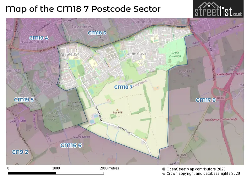 Map of the CM18 7 and surrounding postcode sector