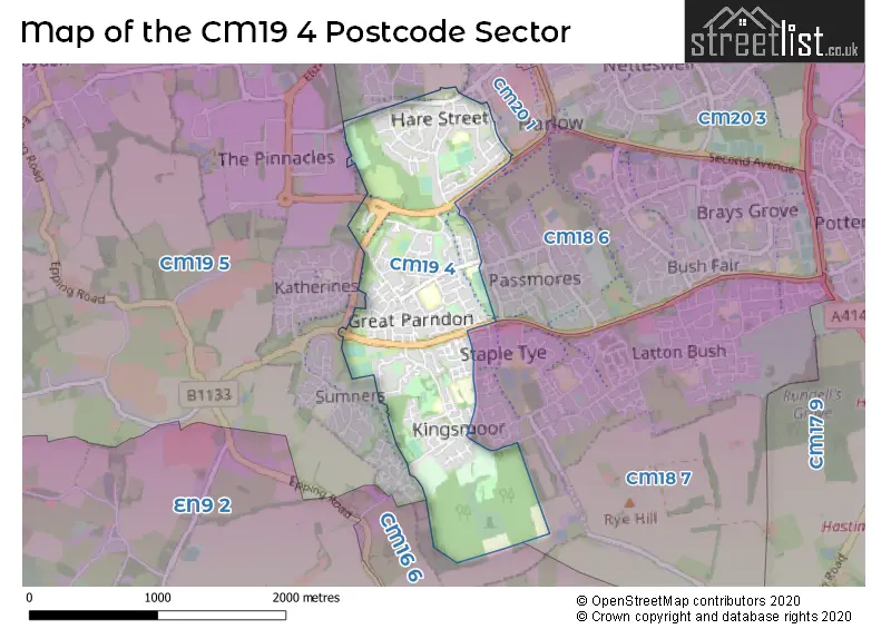 Map of the CM19 4 and surrounding postcode sector