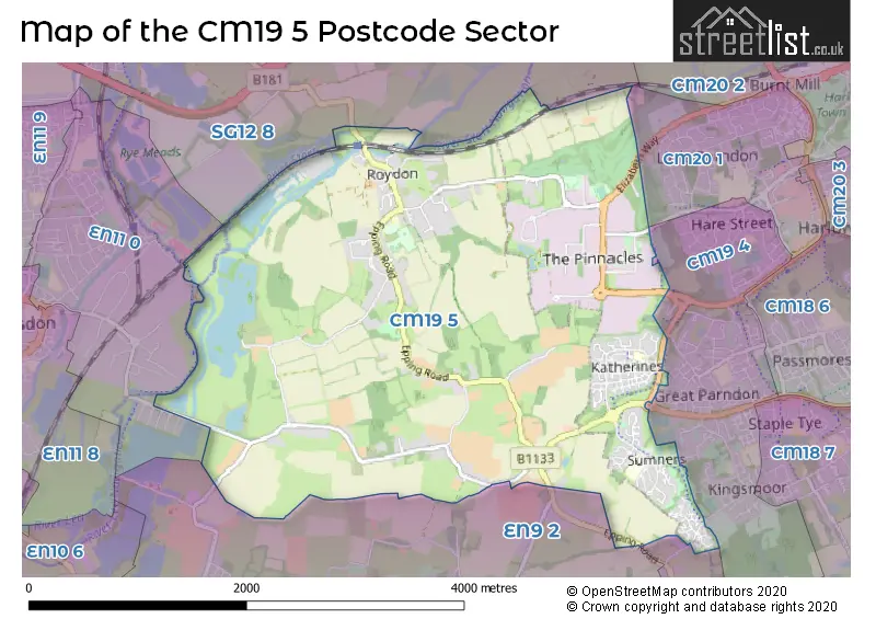 Map of the CM19 5 and surrounding postcode sector