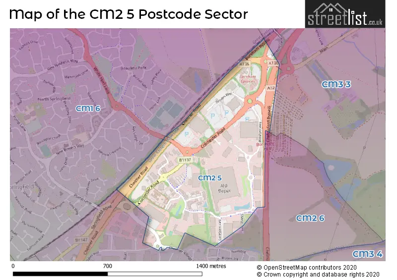 Map of the CM2 5 and surrounding postcode sector