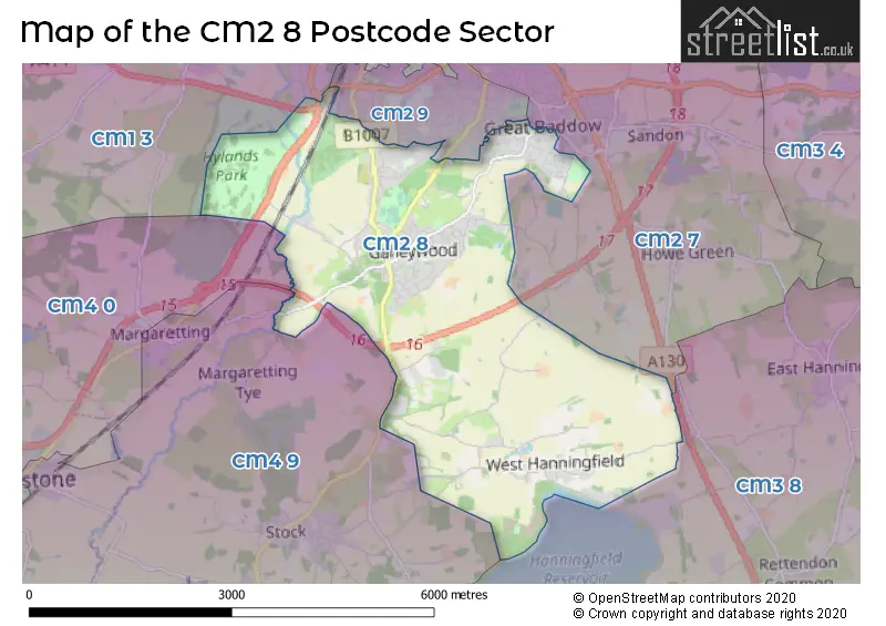 Map of the CM2 8 and surrounding postcode sector