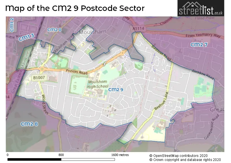 Map of the CM2 9 and surrounding postcode sector