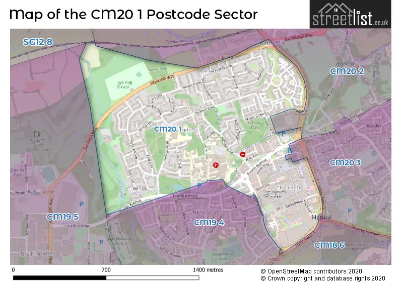 Map of the CM20 1 and surrounding postcode sector