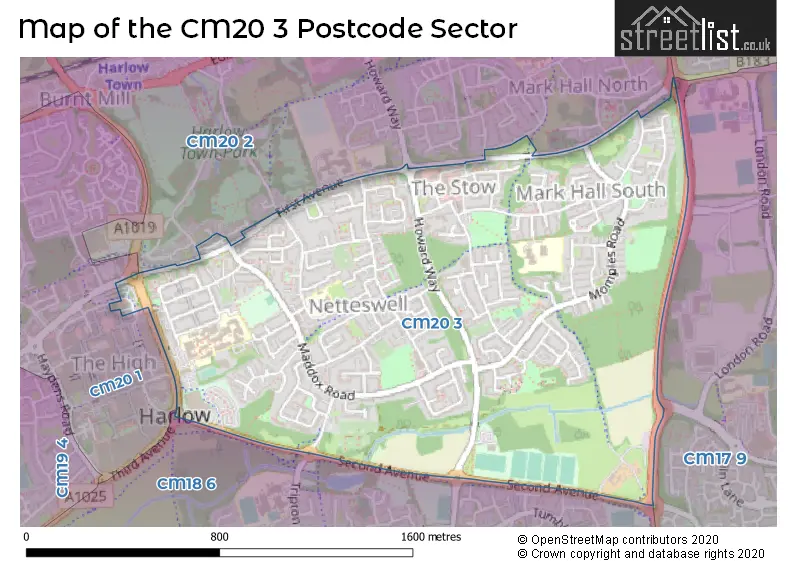 Map of the CM20 3 and surrounding postcode sector