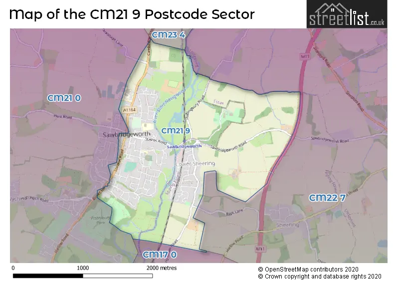 Map of the CM21 9 and surrounding postcode sector