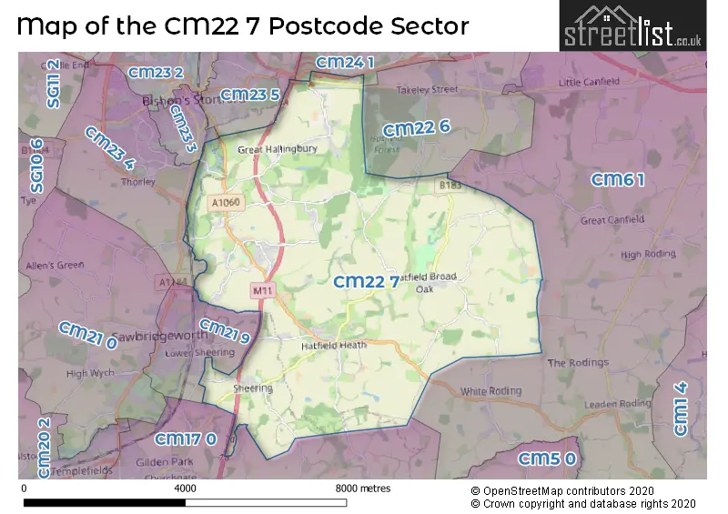 Map of the CM22 7 and surrounding postcode sector