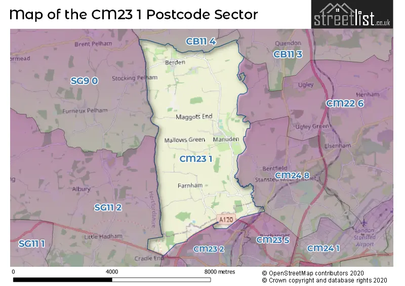 Map of the CM23 1 and surrounding postcode sector