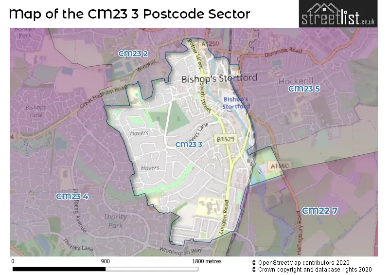 Map of the CM23 3 and surrounding postcode sector