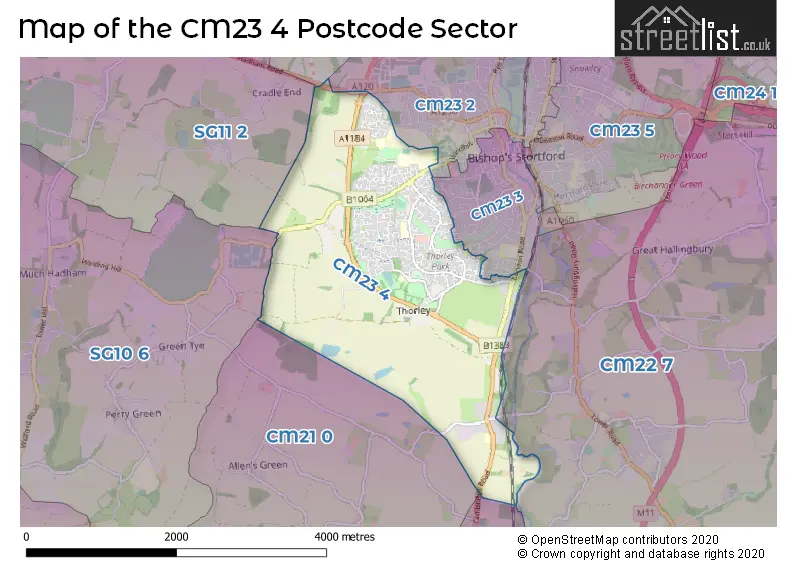 Map of the CM23 4 and surrounding postcode sector