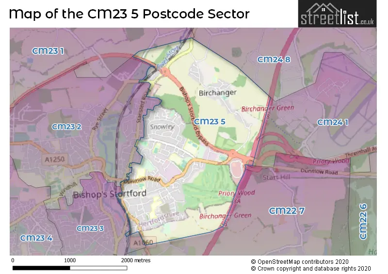Map of the CM23 5 and surrounding postcode sector
