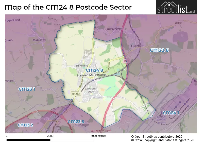 Map of the CM24 8 and surrounding postcode sector