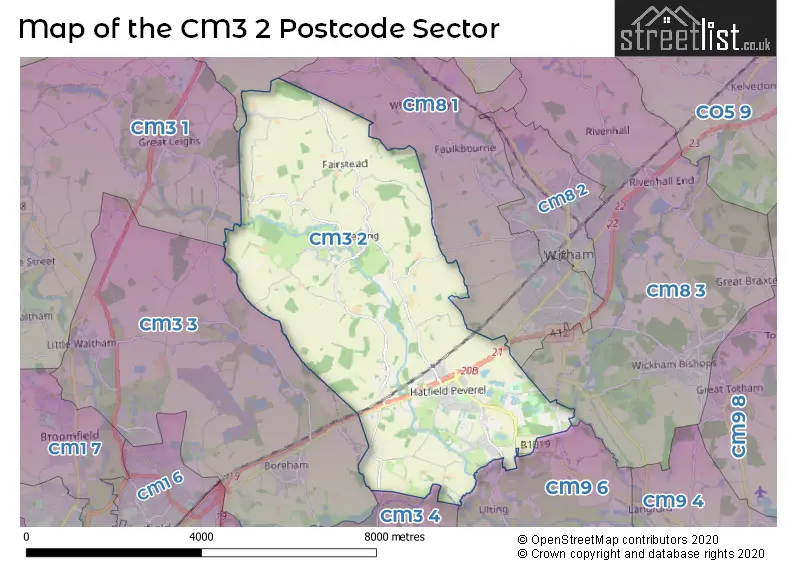 Map of the CM3 2 and surrounding postcode sector