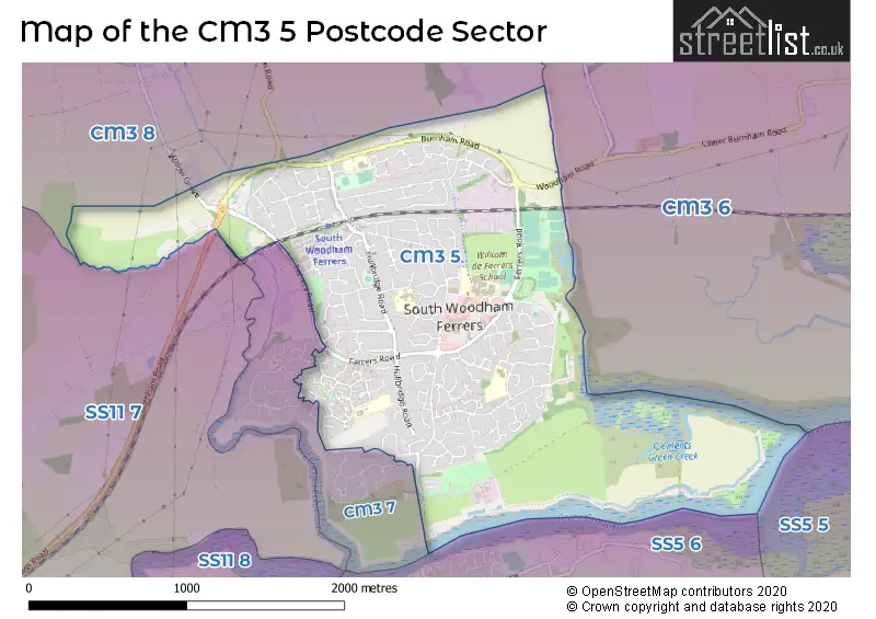 Map of the CM3 5 and surrounding postcode sector