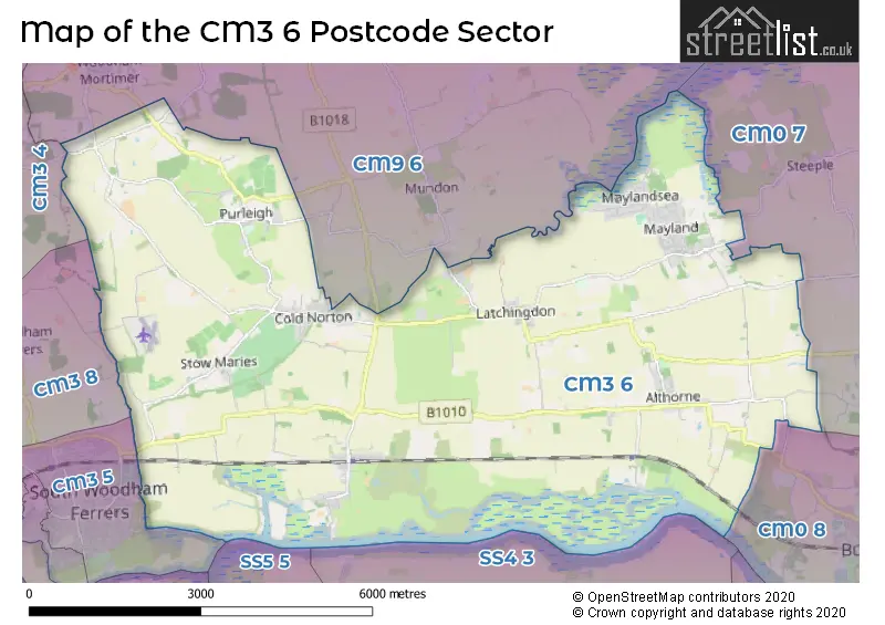 Map of the CM3 6 and surrounding postcode sector