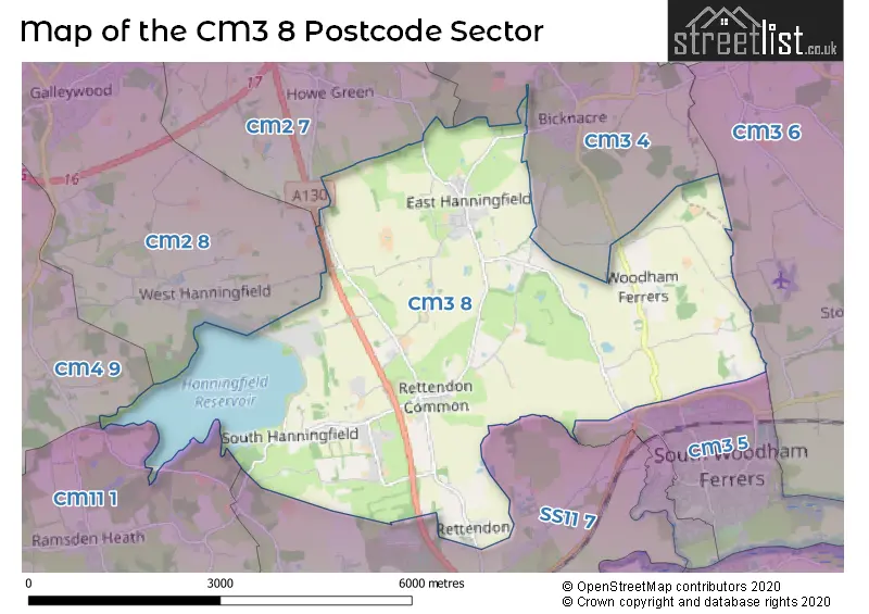 Map of the CM3 8 and surrounding postcode sector