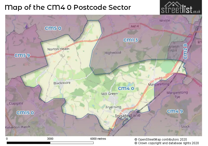 Map of the CM4 0 and surrounding postcode sector