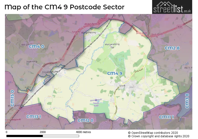 Map of the CM4 9 and surrounding postcode sector