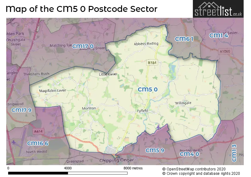 Map of the CM5 0 and surrounding postcode sector
