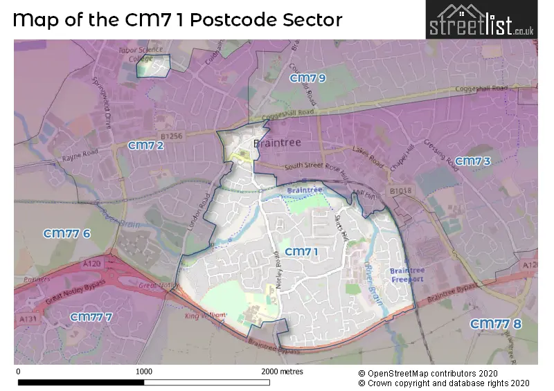 Map of the CM7 1 and surrounding postcode sector