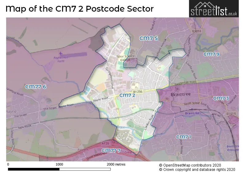 Map of the CM7 2 and surrounding postcode sector