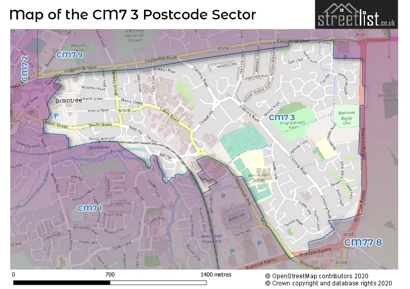 Map of the CM7 3 and surrounding postcode sector