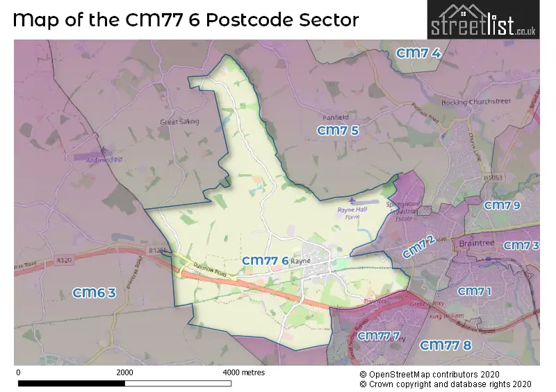 Map of the CM77 6 and surrounding postcode sector