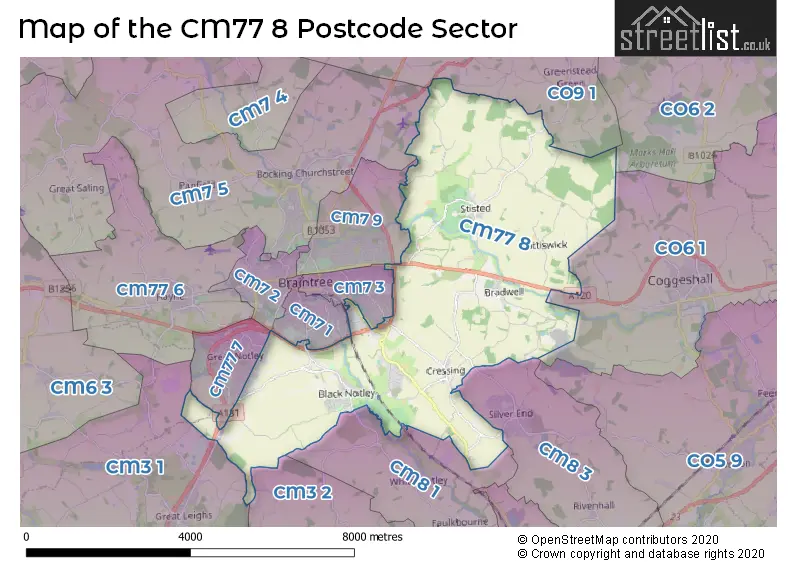 Map of the CM77 8 and surrounding postcode sector