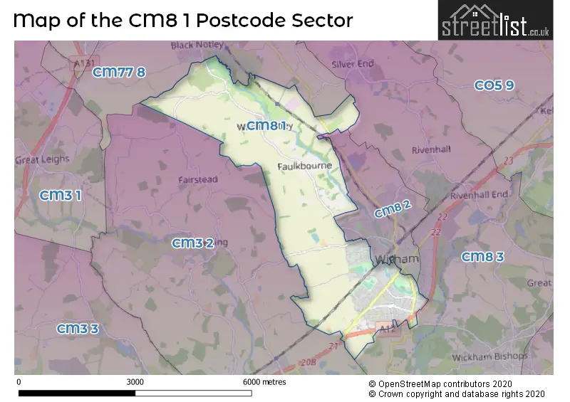 Map of the CM8 1 and surrounding postcode sector