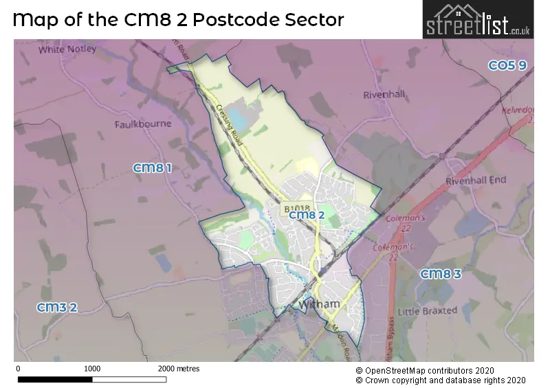 Map of the CM8 2 and surrounding postcode sector