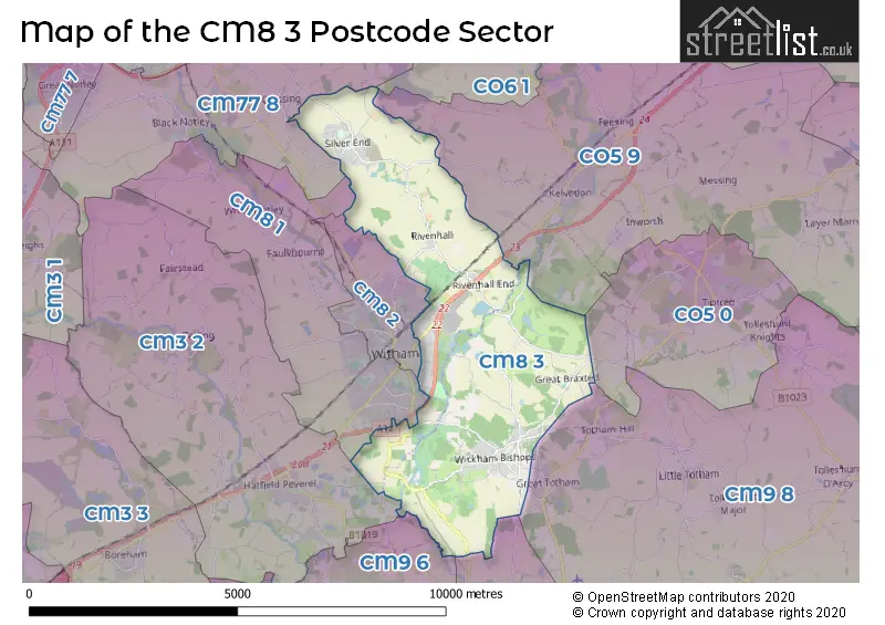 Map of the CM8 3 and surrounding postcode sector