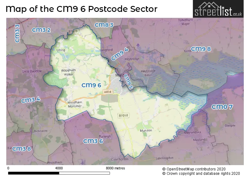 Map of the CM9 6 and surrounding postcode sector