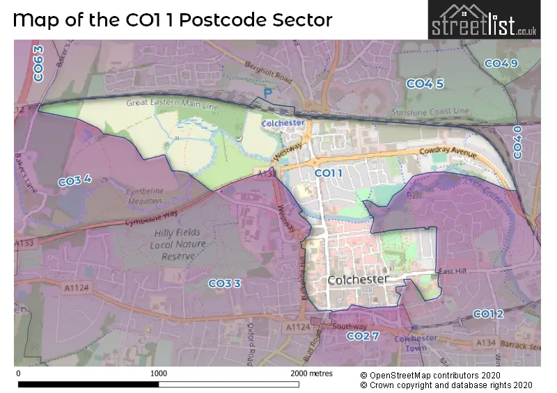 Map of the CO1 1 and surrounding postcode sector